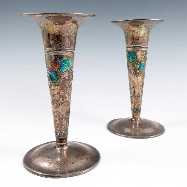 A pair of Liberty & Co silver and enamel trumpet vases