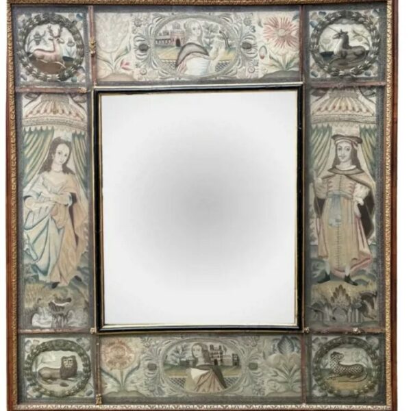 17th century stumpwork framed mirror 36.25ins x 32.5ins 